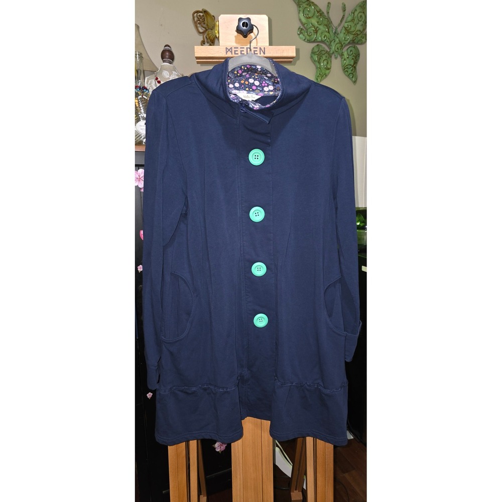 Matilda Jane Womens Navy Blue Floral Lined Button Front Ruffle Hem Jacket Size M